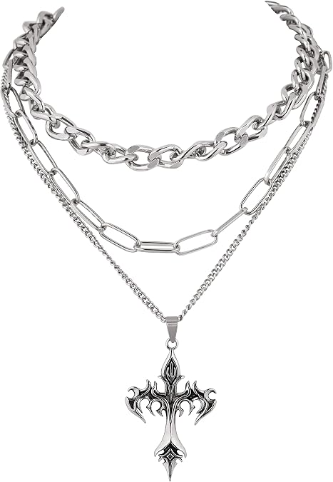Gothic Layered Cross Pendant Necklace, Goth Emo Grunge Necklace, Goth Jewelry, Halloween Christmas Jewelry Gift For Women