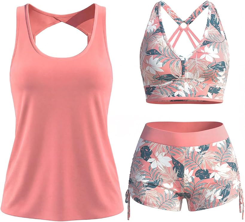 MODLILY Classic 3 Piece Tankini Swimsuits for Women with Board Shorts