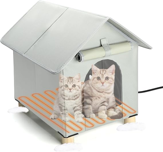 BWOGUE Elevated Heated Outdoor Cat House,Waterproof Feral Cat Shelter,Grey