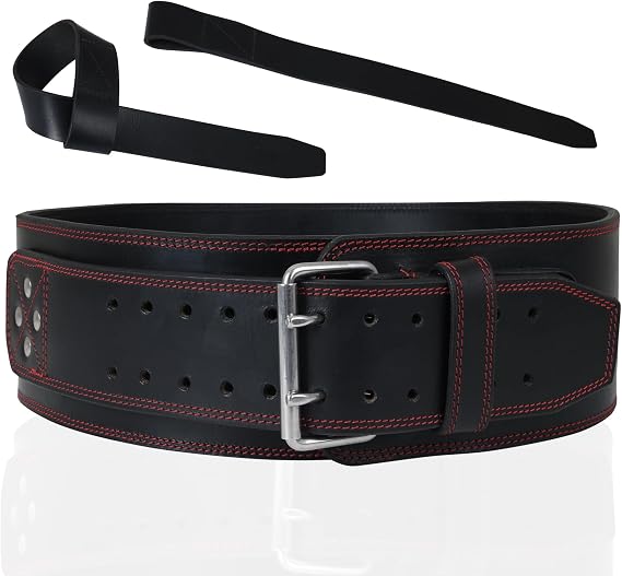 Leather Weight Lifting Belt for Men & Women - 8MM Thick, 4" Wide (L) and Lifting Straps Combo