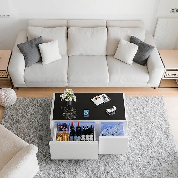ZeHuoGe Modern Smart Coffee Table with Built-in Fridge and Freezer Drawers, Bluetooth Speaker, Wireless Charging, Touch Control Panel, USB Interface, Atmosphere Light (White)