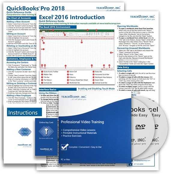 TEACHUCOMP PREMIUM Video Training Tutorial Course for QuickBooks Pro 2018 & Microsoft Excel 2016- Video Lessons, PDF Instruction Manuals, Quick Reference Guides, Testing, Certificates of Completion
