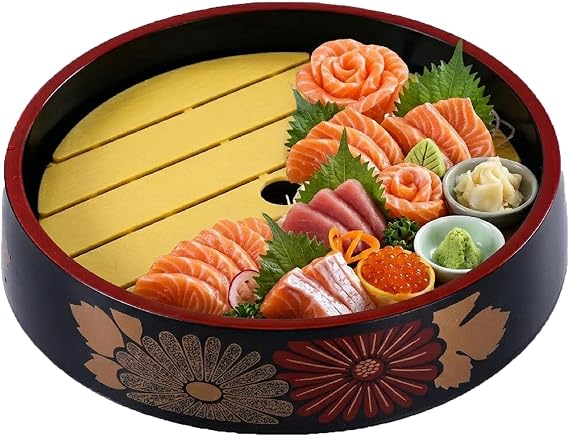 DOITOOL Sushi Plate 9.44 Inch Round Seafood Serving Dish with Draining Board and Baffle for Sashimi Storage and Party Presentation