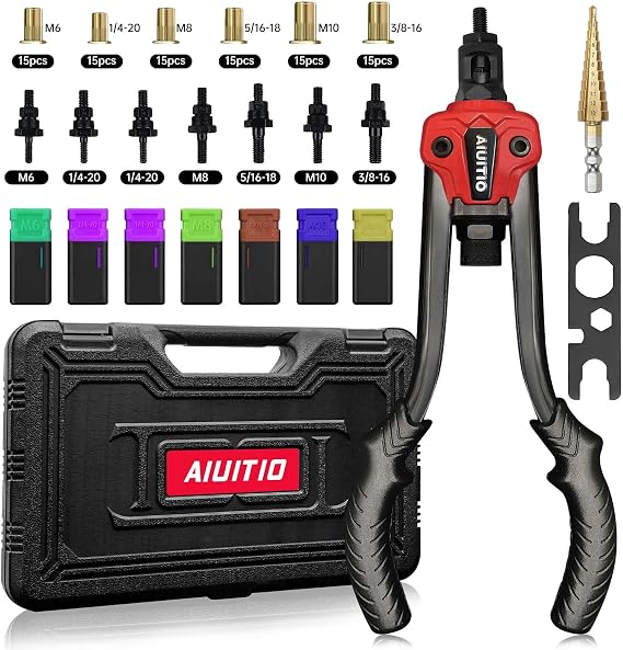 AIUITIO Rivet Nut Tool with a Step Drill Bit & 90 Rivnuts, 13" Heavy Duty Rivnut Tool Kit with 7 SAE & Metric Mandrels, Threaded Insert Hand Riveter with Rugged Carrying Case