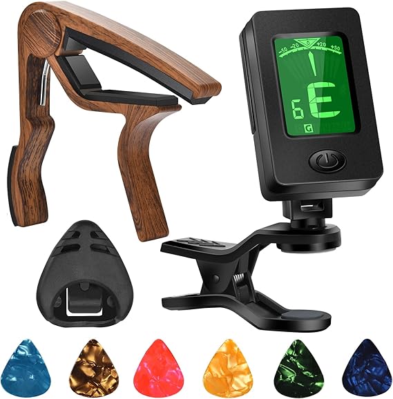 Guitar Capo, Guitar Picks, Guitar Accessories with Tuner, Capo for Acoustic Guitar, Bass, Buzzing-Free, Quick Release, Tuner Clip on for Guitar, Violin, Bass, Ukulele Chromatic, Rosewood