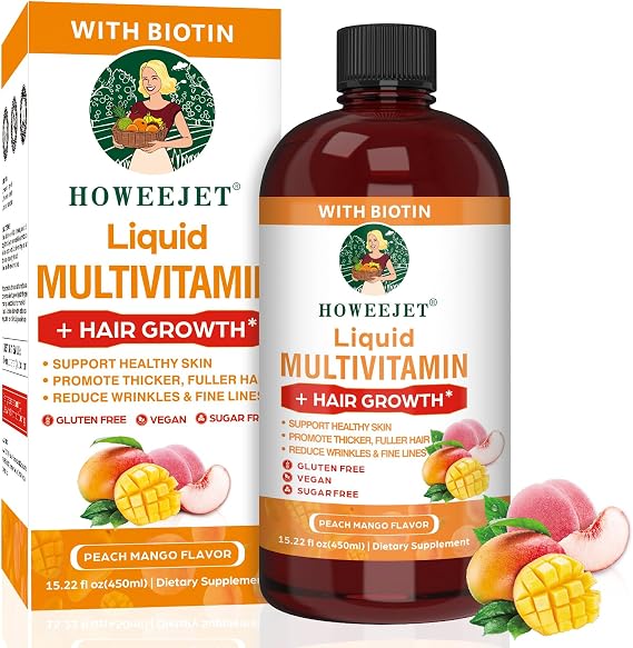 Liquid Multivitamin for Hair Growth | Biotin 10000mcg | Hair & Skin Support Supplement | Clinically Tested for Thicker Hair & Skin Elasticity | Suitable for Women & Men, Ages 18+ | 15.22 Fl Oz (1)