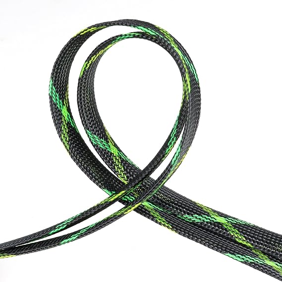 Braided Cable Sleeve, 33ft Expandable Wire Loom for Automotive Wiring Harness & PC Case, Pet-Proof Chew Resistant Cord Protector, Flexible Cable Management (Black-UV Green-UV Yellow, 8mm (5/16"))
