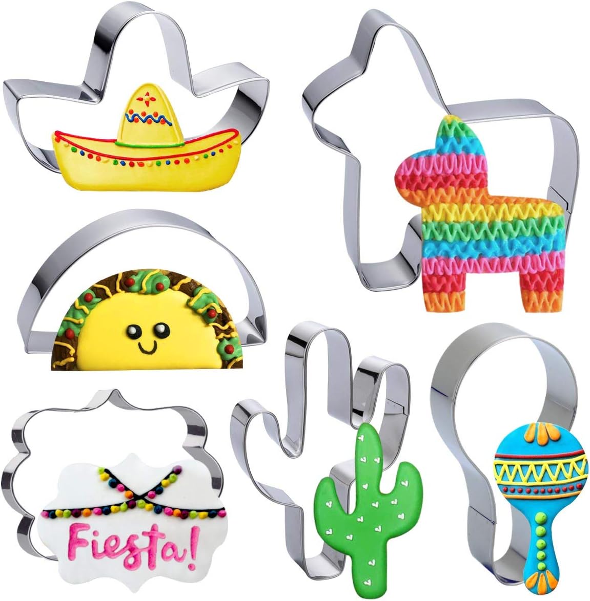 Fiesta Mexican Cinco de Mayo Cookie Cutter Set Party Decorations - 6 Pieces 4in Large Donkey Pinata Cactus Sombrero Taco Maraca Plaque Stainless Steel Fondant Molds