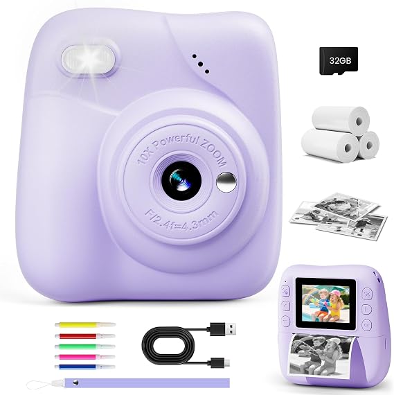 Kids Camera Instant Print, 1080P Camera with 32GB Card, Blue | Includes 3 Print Paper, 2.0" Screen Digital Camera, 10X Zoom, Birthday for Boys & Girls Ages 3-12