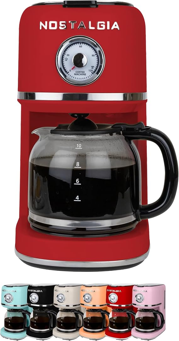 Nostalgia Classic Retro 10 Cup Coffee Maker - One-Touch Drip Brew, Reusable Filter - Anti-Drip, Auto Shutoff, Time Display - Dishwasher Safe 50 oz Carafe - Red