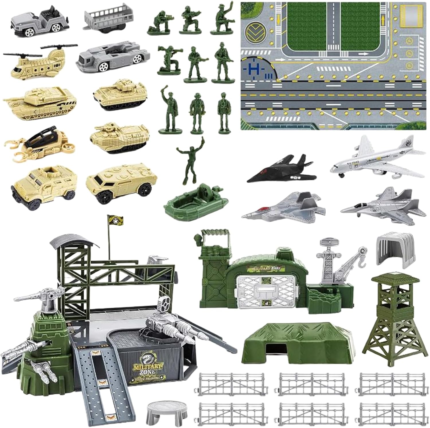 Tank Military Vehicle Set, Military Vehicles Set, Military Toys, Large Transporter, Fighter Planes, Tanks, Armored Trucks, Missile Vehicles, Model Car, Set of 15, Scene Parts Included, Strategic