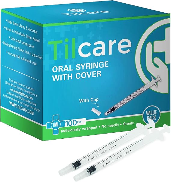 1ml Oral Dispenser Syringe with Cover 100 Pack by Tilcare - Sterile Plastic Medicine Droppers for Children, Pets & Adults Latex-Free Medication Syringe Without Needle - Syringes for Glue and Epoxy
