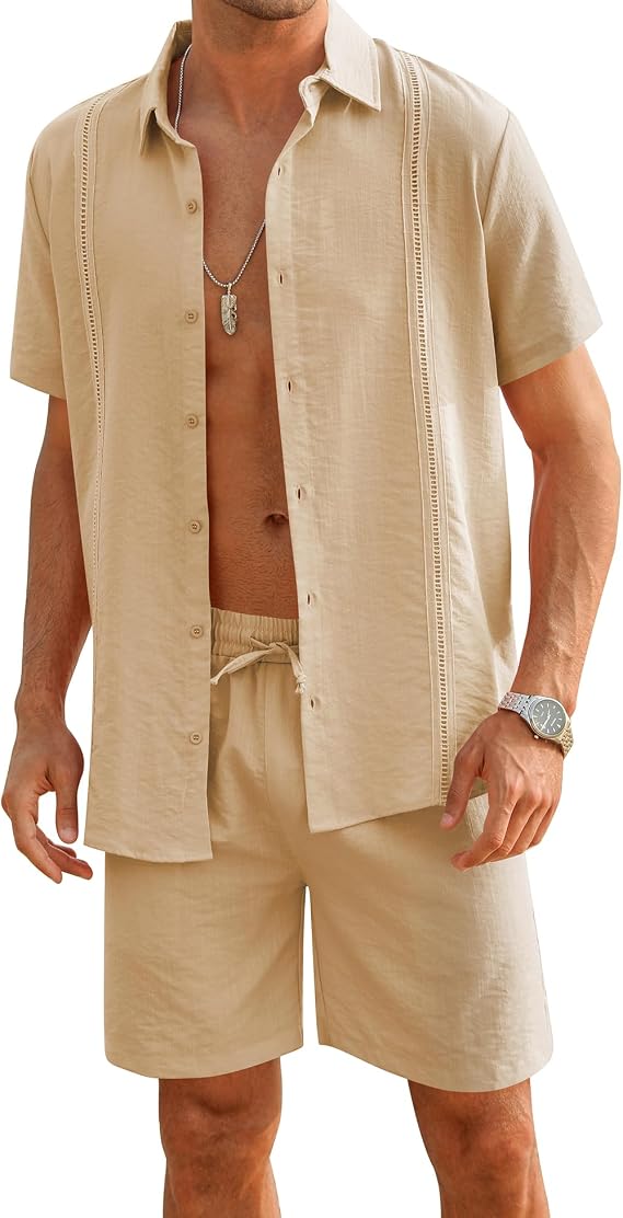 LecGee Linen Sets For Men Button Down Cuban Guayabera Shirt Shorts Set 2 Piece Linen Outfits
