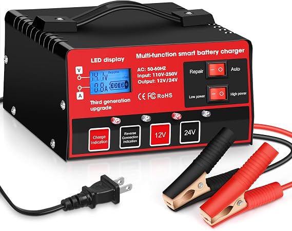 Car Battery Charger, Outerman 12V 24V Lead-Acid Battery Charger LCD Display Automatic Smart Battery Maintainer with Pulse Repair for Motorbike, Car, Boat, Lawn Mower (Red Black)