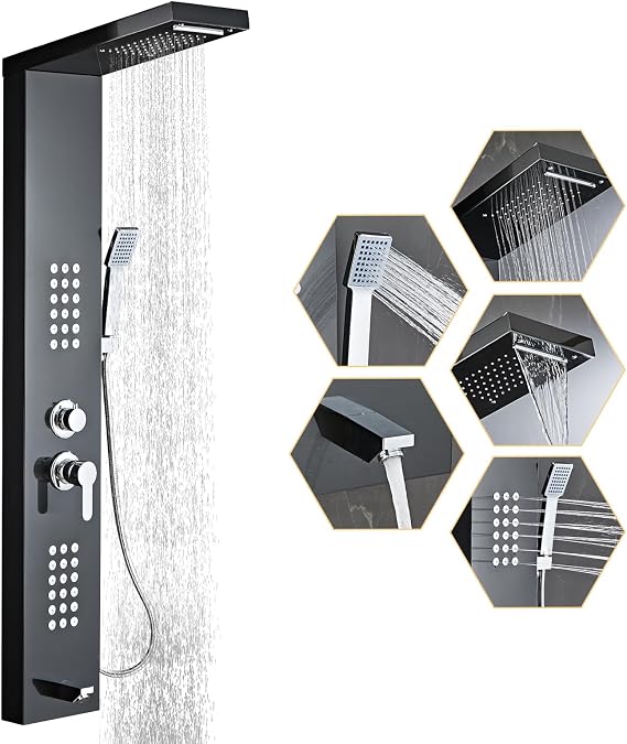 Shower Panel Tower System 5-in-1 Shower Panel Tower with Powerful Body Massage, Rainfall, Waterfall,Handheld and Tub Spout, Stainless Steel Shower Column - Brushed Black