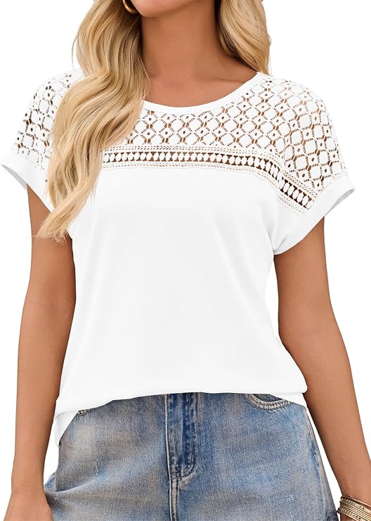Imily Bela Womens Summer Tops Dressy Casual Short Sleeve Lace Trendy Shirts Crewneck T Shirt Hollow Out Loose Blouses