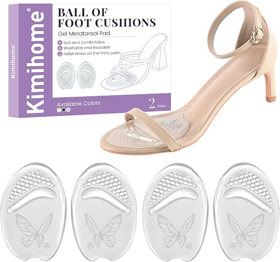 Ball of Foot Cushions for Women - Kimihome 2 Pairs Gel Metatarsal Pads High Heel Insole Comfortable Foot Pads Non-Slip Heel Inserts for Support, Pain Relief, Blisters, Loose Shoe (Clear)