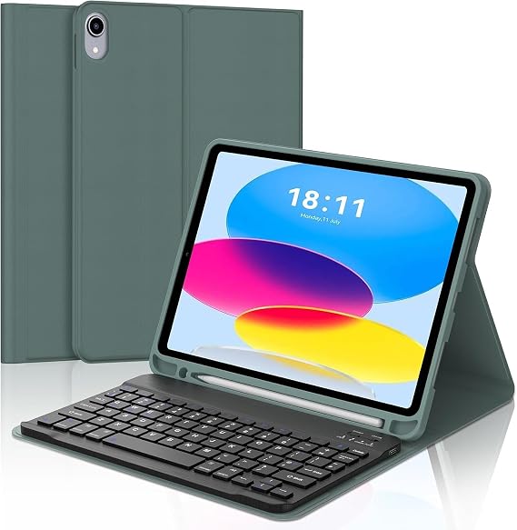 KVAGO for iPad(A16) 11th /10th Generation Case with Keyboard, Smart Stand Folio Detachable Bluetooth Keyboard Cover with Pencil Holder for iPad A16 11 inch 2025 /10th Gen 10.9 Inch 2022, Dark Green