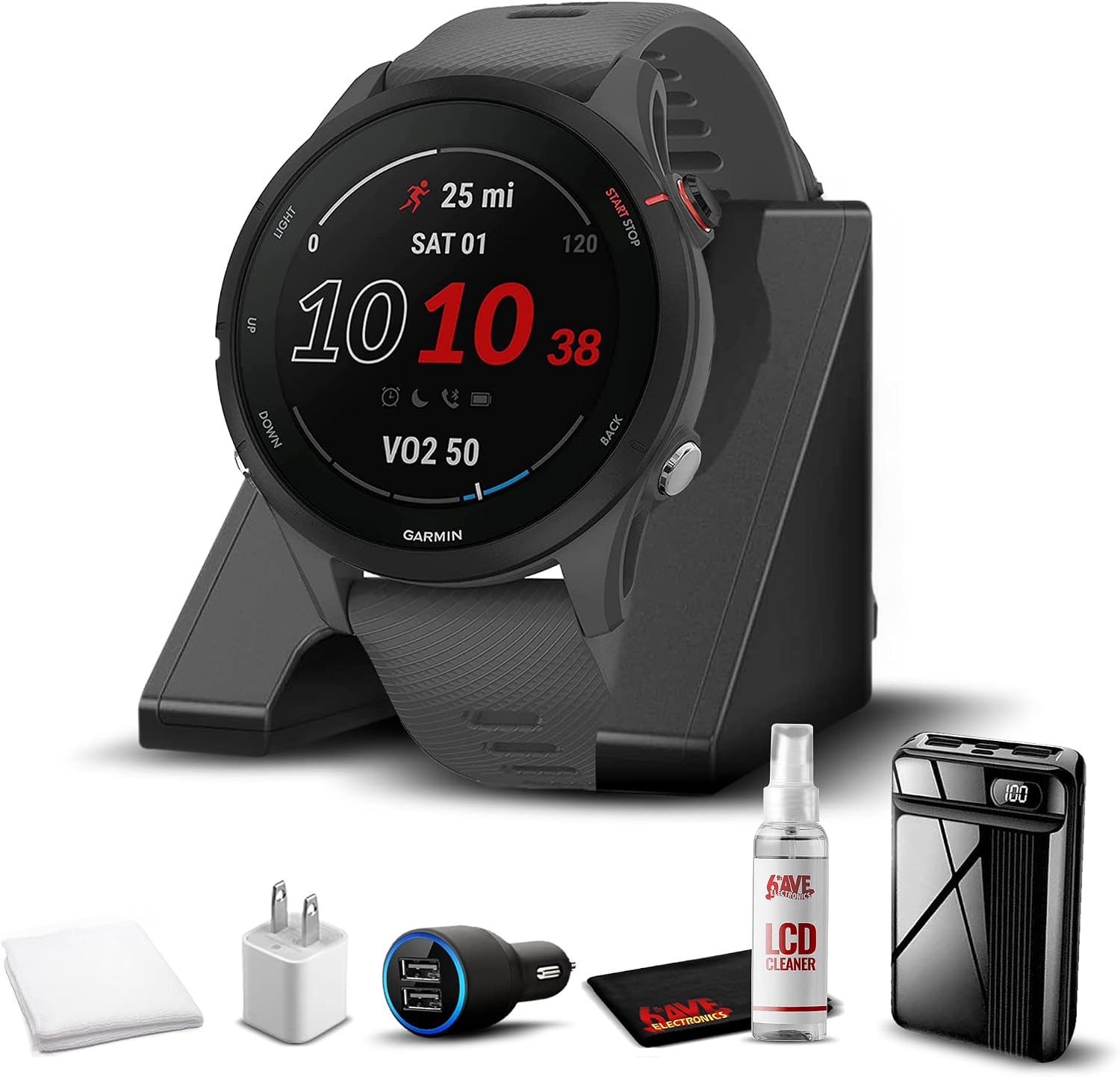 Garmin Forerunner 255, GPS Running Smartwatch, Advanced Insights, Long-Lasting Battery, Slate Gray with Charging Base, Workout Towel, 6Ave Travel &amp;amp; Cleaning Kit