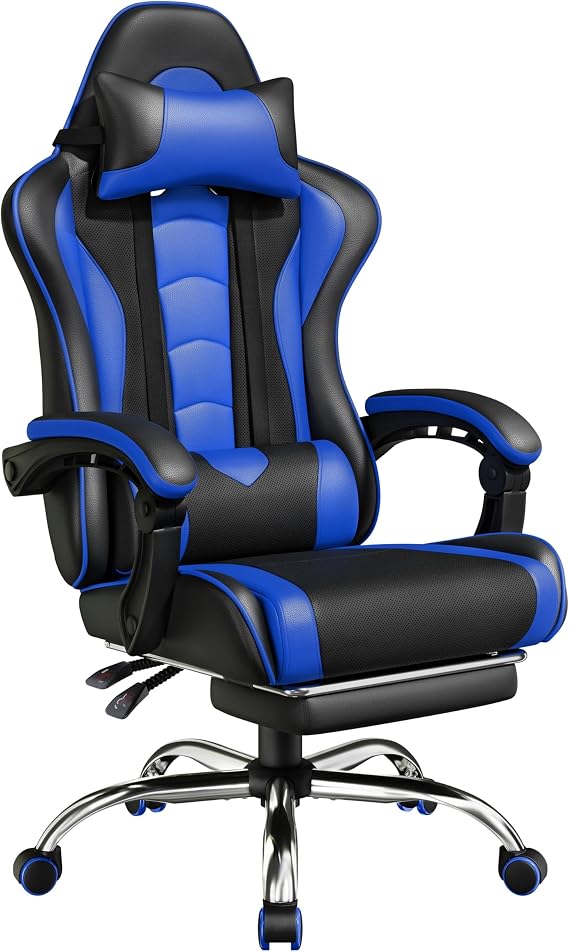 Yaheetech Gaming Chair with Footrest Massage Lumbar Pillow Black and Blue