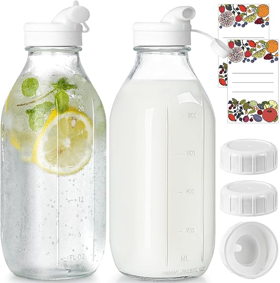 Syntic 2 Pack 32 Oz Glass Milk Bottles with Airtight Lids & 2 Caps