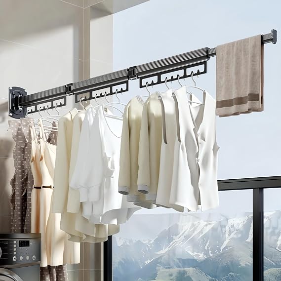 Clothes Drying Rack Wall Mounted Retractable Clothes Drying Rack Space-Saver Laundry Drying Rack Collapsible(Tri-Fold) for Balcony, Laundry, Bathroom, Patio, Apartment, Dormitory(Dark Grey)