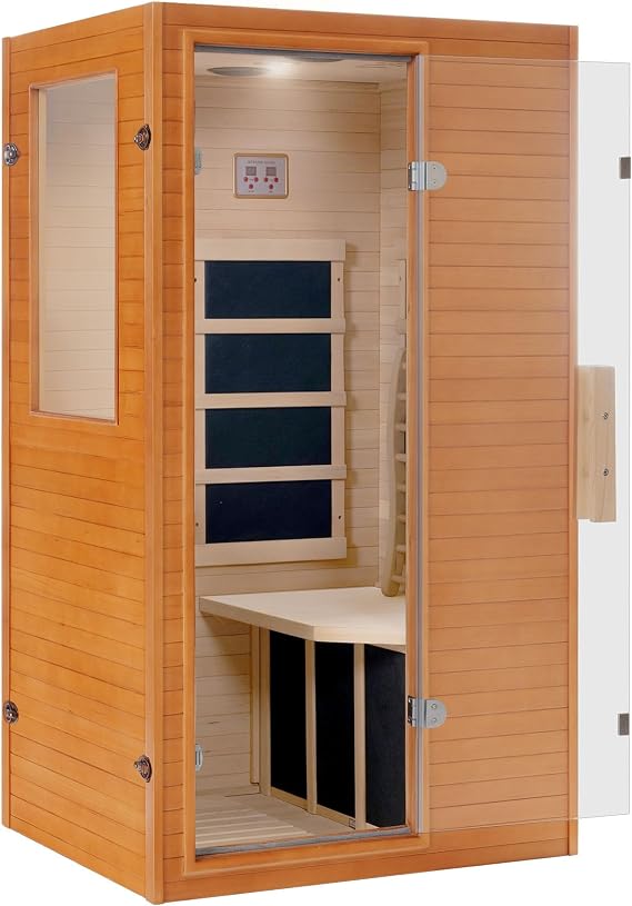 springspa Infrared Sauna Home Sauna, Indoor Far Infrared Saunas for Home, 1 Person Canadian Hemlock Wooden Spa Room, 950w 120v with Control Panel, 33 * 27.3 * 59 inch