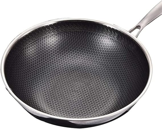 Frying pan， 32/34CM Non-Stick Pan 304 Stainless Steel Wok Double-Sided Honeycomb Flat-Bottomed Frying Pancake Pan with Lid