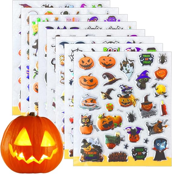 Jsdoin 8 Sheets Halloween Puffy Stickers for Kids, Children 3D Stickers Party Bag Filler for Kids Halloween Party Gifts Scrapbooking Including Pumpkins Jack Ghost Bats Monster Bat Witch