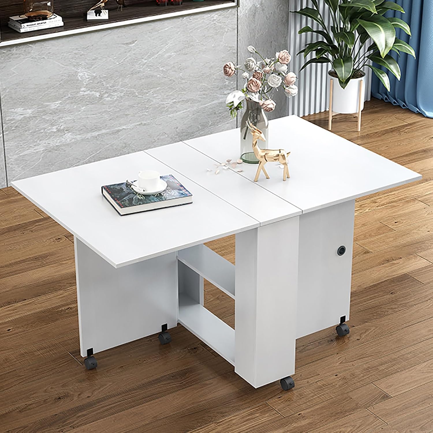Dining Table Folding Table Kitchen Tabs Folding Butterfly Table Folding Dining Table Drop Leaf Table for Small Spaces Drop Leaf Dining Table with 6 Lockable Wheels Space Saving Expandable Dinner Table