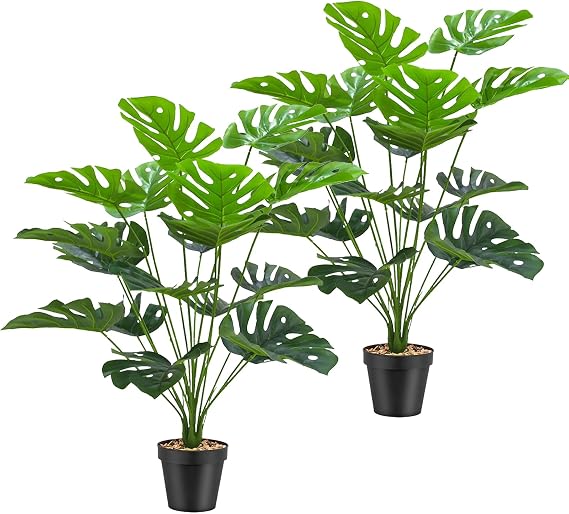 Simulated Artificial Plants Indoor 2Pcs,Large Faux Artificial Palm Tree Tall Plastic Plants for Office Home Garden Indoor Outdoor Decor(Small Monstera)