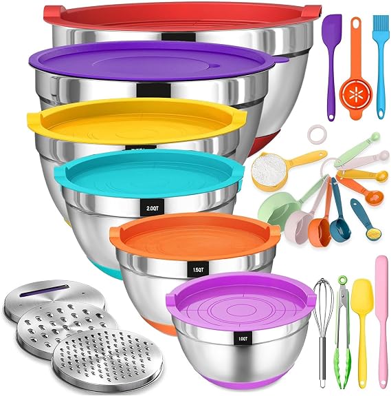 Skroam 26Pcs Stainless Steel Bowls Set, Mixing Bowls with Airtight Lids, 3 Grater Attachments & Black Non-Slip Bottoms Size 7, 4, 2.5, 2.0,1.5, 1QT, Great for Mixing & Serving (colorful)