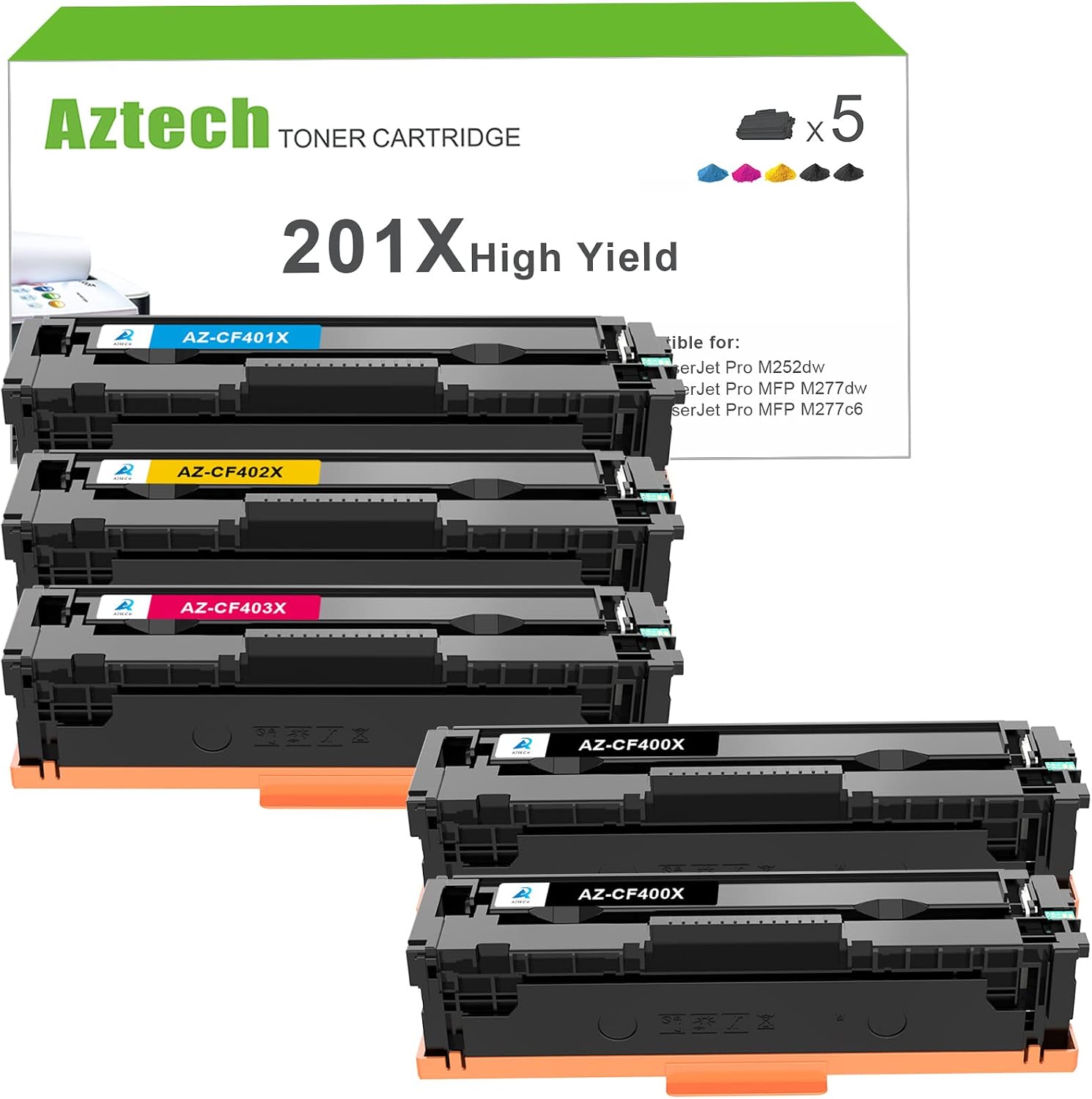 Aztech Compatible Toner Cartridge Replacement for HP 201A 201X M252dw CF400X CF400A Color Pro MFP M277dw M277c6 M277 M252 Printer Ink CF401X CF402X CF403X Black Cyan Yellow Magenta, 5-Pack