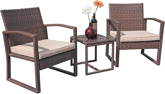 Patiorama 3 Piece Patio Furniture Set, Wicker Conversation Set-Brown