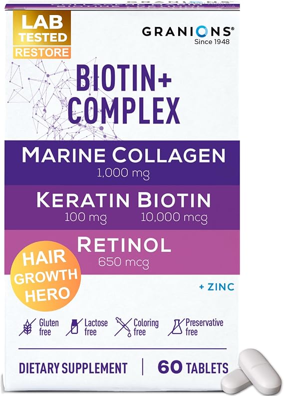 Biotin Collagen Keratin Supplement Hair Growth Tablets Biotin 10000mcg, Marine Collagen Peptides, Keratin, Retinol, Zinc, Vitamin B6 - Hair, Skin and Nails Complex for Women and Men - 60 Tablets