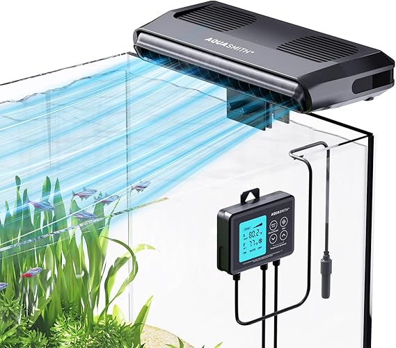 AQUASMITH Aquarium Chiller Fan,Fish Tank Cooler with Temperature Control,Minimum Setting 59F,Auto Start/Stop,Refrigeration Effect 3-7F,3-Speed Modes,for Axolotl Seawater Freshwater Coral Grass Tank