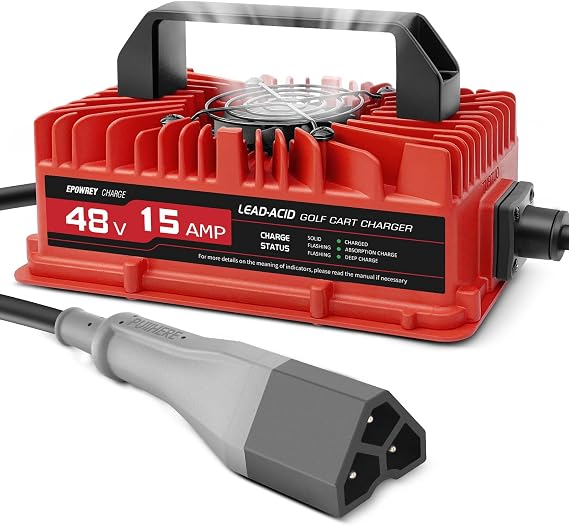 EPOWREY 15 AMP Golf Cart Charger for 48 Volt EZGO RXV & TXT with 3 Pin Triangular Plug-Lead Acid Battery