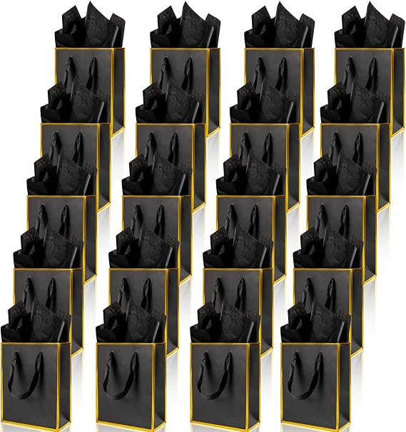 ysmile 20 Pack Small Gift Bag Bulk with Tissue Paper, Metallic Mini Paper Bag with Handle 6" - Black
