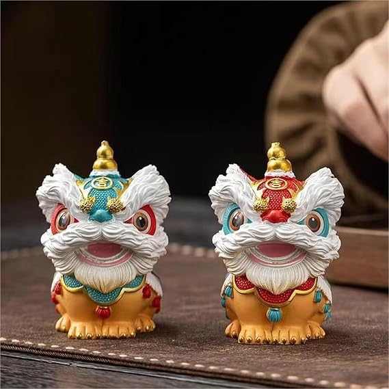 Desktop Decoration Figurine, Resin Chinese Lion Dance Handmade Lion Dance Ornament, Creative Standing Lion New Year Dance Doll Model, Animal Lion Home Desktop Decor(Red)