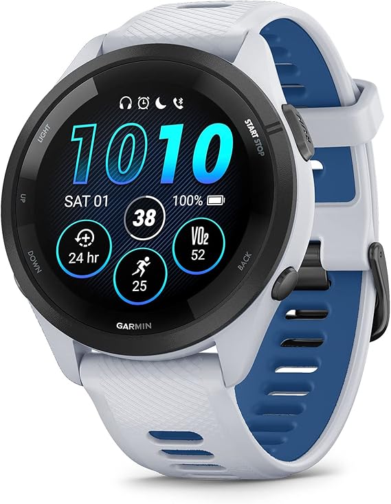 Garmin Forerunner 265 Running Smart Watch, Colorful AMOLED Display, Training Measures and Recovery Information, White Stone and Tide Blue