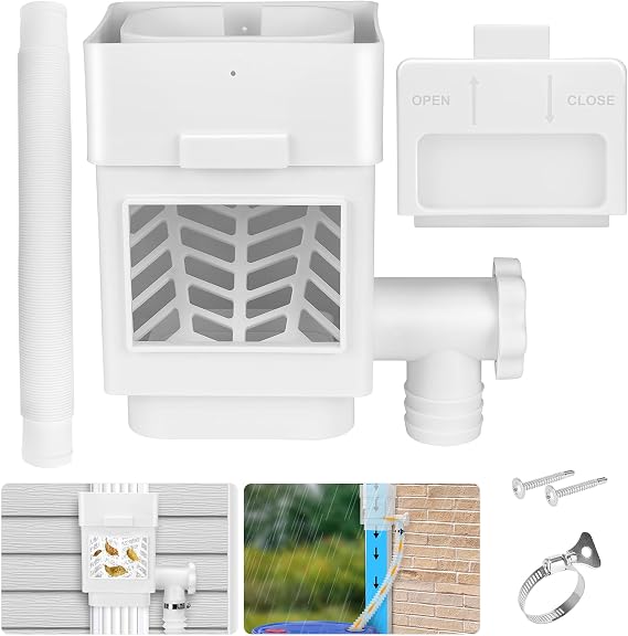 WADEO Rain Barrel Diverter Kit Fits 2''x3'' or 3''x4'' Downspouts White | Downspout Diverter for Rain Barrels to Collect Rainwater from Gutter, with Adjustable Valve and Filter, 60 Inch Hose