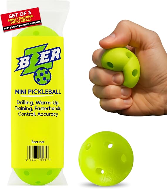 BZER Quiet Pickleball Balls Mini Pickleballs Silent Rubber Training Ball - Set of 3 for Indoor Outdoor Play, Soft Tiny Practice Trainer, Improve Focus, Boost Control, Training Essentials