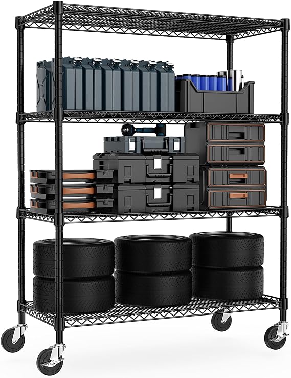 M MZG Height Adjustable Shelves,Heavy Duty Wire Pantry Shelving for Tool Sheds, Garage, and Storehouse,Metal, Black 4 tier,60cm D x 135cm W x 186.9cm H
