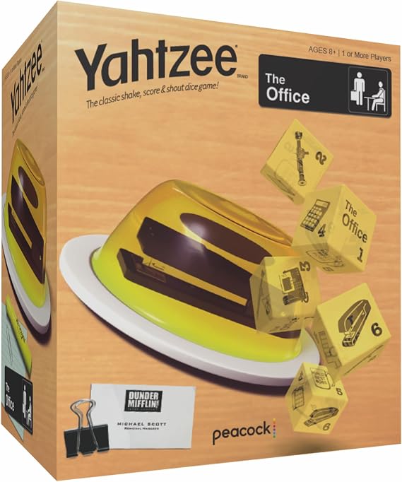 YAHTZEE: The Office Edition, Exclusive Stapler-in-Jello Dice Cup, Roll Your Way to Victory Dunder Mifflin Style, Classic Party Game for Fans, Adults & Families, Official Merchandise & Collectible