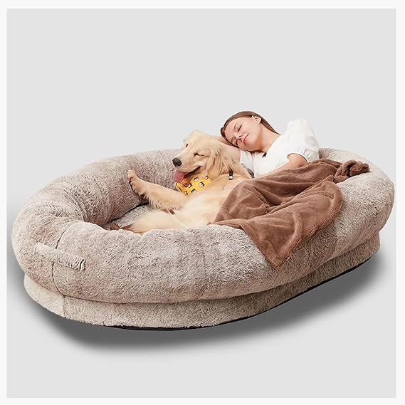 Large Dog Beds Human Dog Bed, Giant Dog Bed for Humans, Oval Human Dog Bed, Outdoor Dog Bed, Pets Dog Bed with Blanket for People (Khaki L)