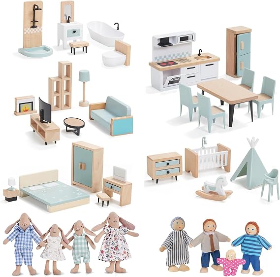 Giant bean 4 PCS Hand Made Rabbit Family Dolls, 36 Pcs Blue Furnitures Set and 4 Dolls
