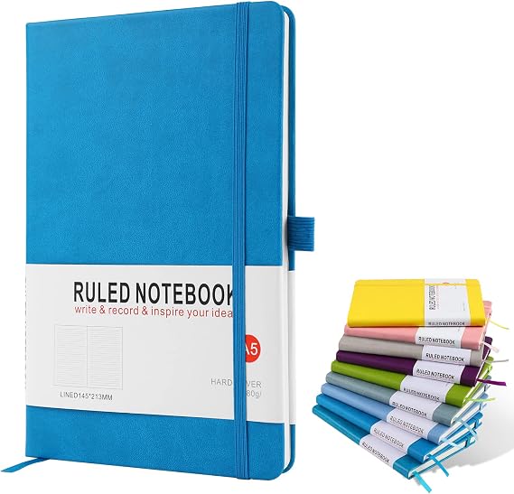 A5 Notebook, Journal Note Pad 200 Pages 80 GSM Journal Notebook Hardback Notepad with Lined Pages Composition Notebooks, Pen Loop and Expandable Paper Pocket, Journal Notepad Note Book- Bright Blue