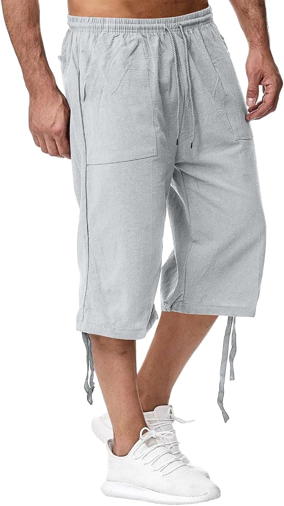 Mens Summer Linen Capri Pants Baggy Wide Leg Capris Pants Elastic Waist Oversized Lightweight Pocket Lounge Crop Pant