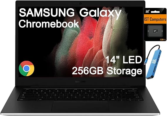 Samsung Galaxy Chromebook Go Laptop, 14" LED, Intel Celeron N4500, 4GB RAM | 256GB Storage (128GB eMMC + 128GB SD Card), Home, Students, Spill-Resistant, 12-Hr Long Battery, Webcam, HUB, Chrome OS