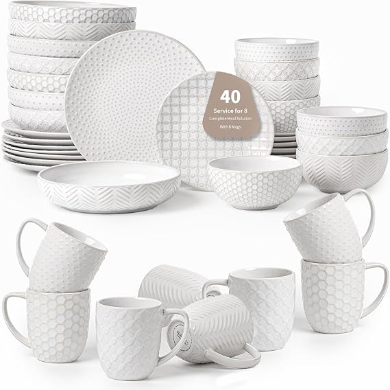40-Piece Ceramic Dinnerware Set with Pasta Bowls & Mugs, Service for 8 Complete Dining Set for Entertaining, Scratch-Resistant & Long-Lasting
